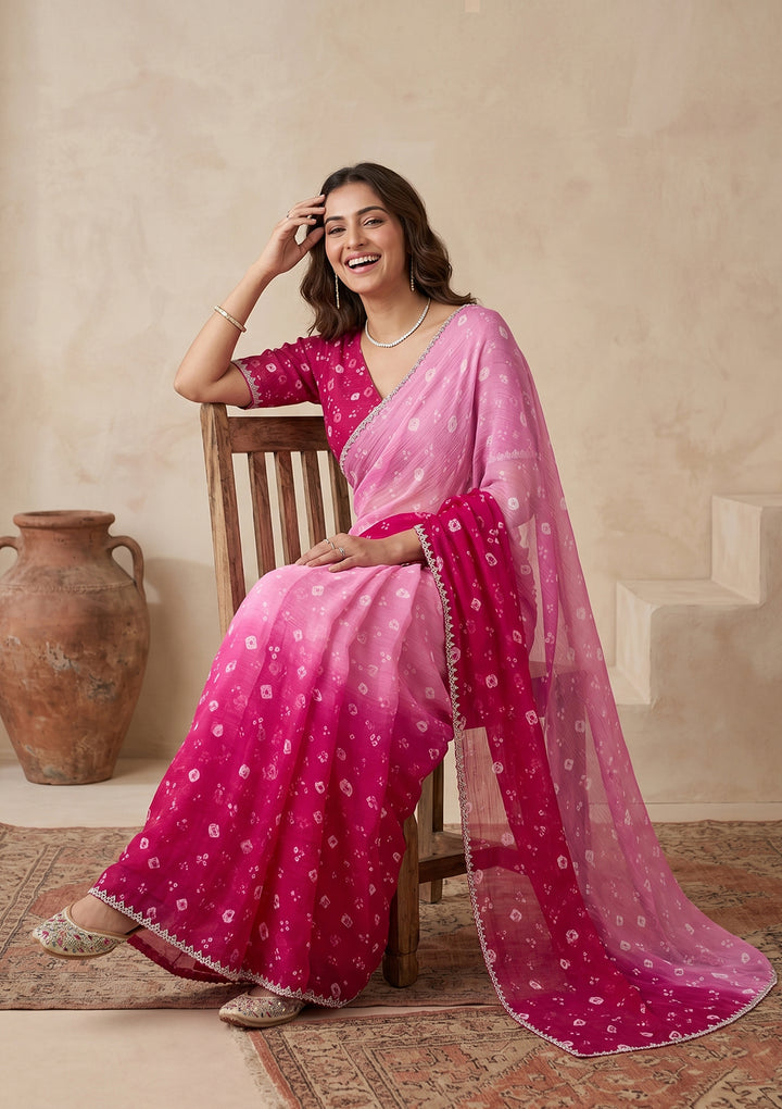 Pink Stonework (Silver) Chiffon Saree