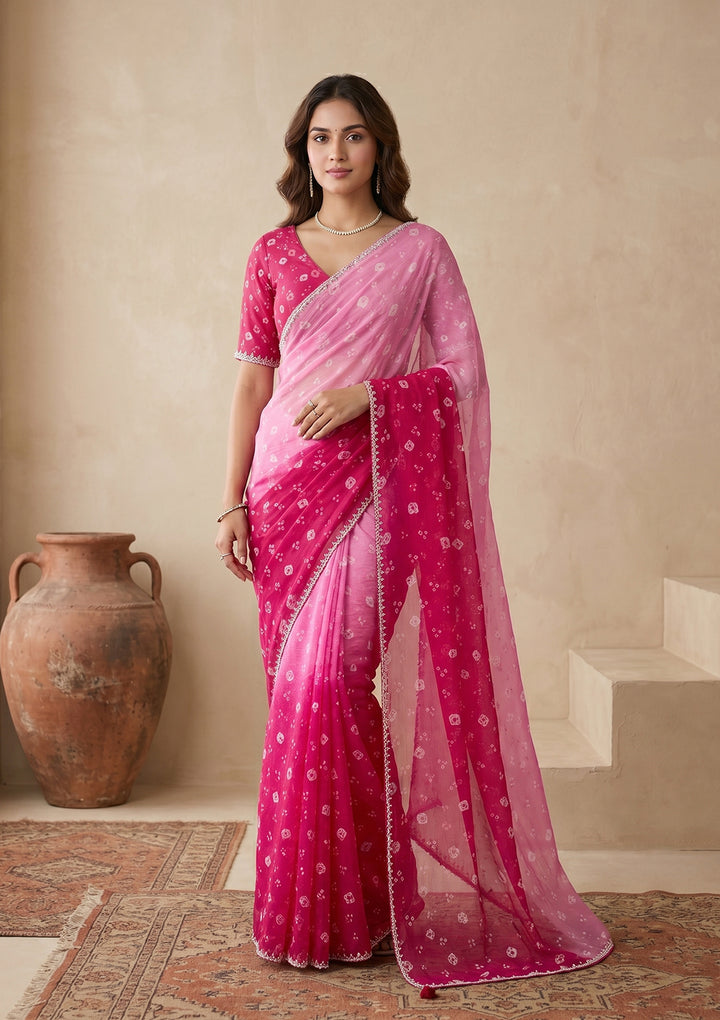 Pink Stonework (Silver) Chiffon Saree