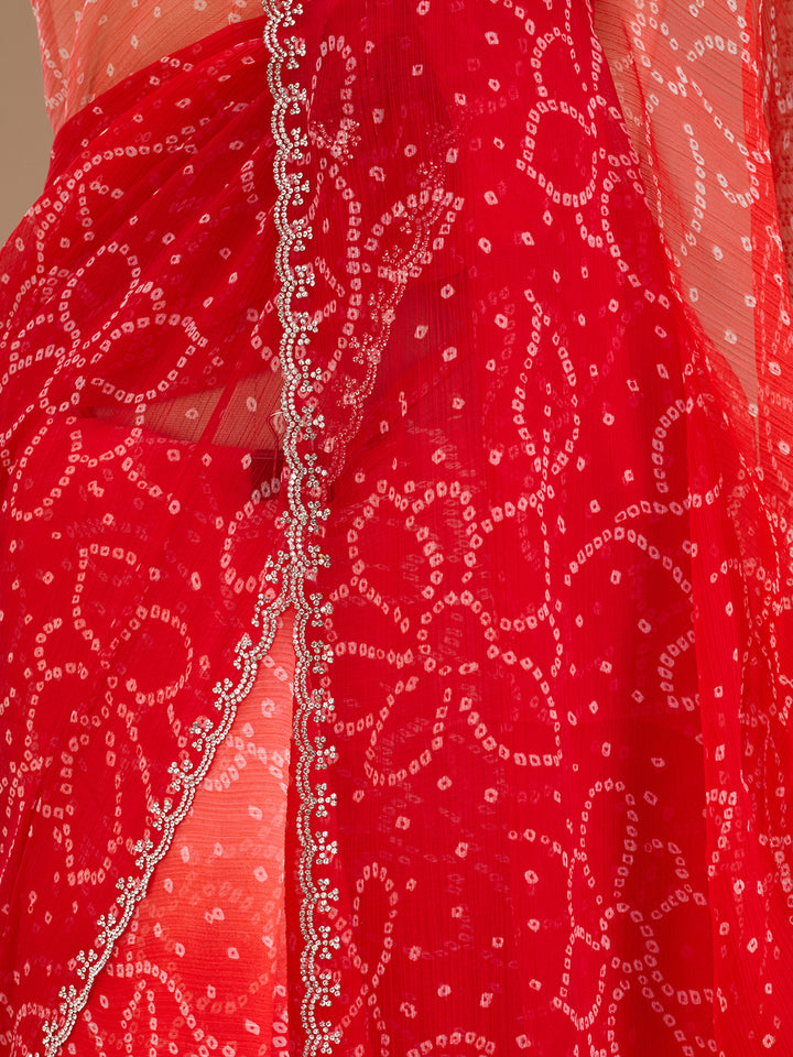 Orange Stonework (Silver) Chiffon Saree