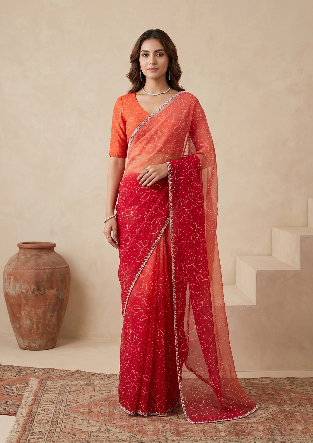 Orange Stonework (Silver) Chiffon Saree