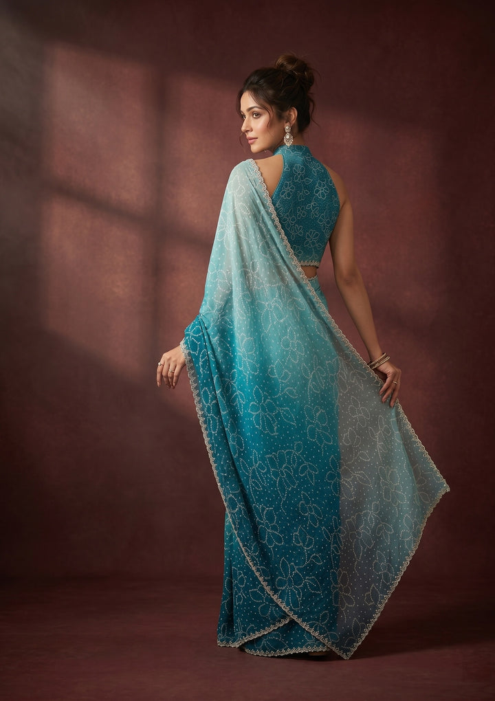 Peacock Blue Stonework (Silver) Chiffon Saree