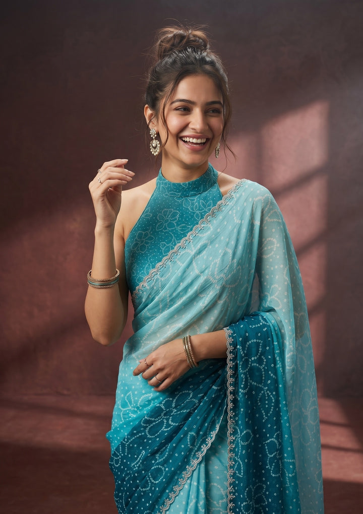 Peacock Blue Stonework (Silver) Chiffon Saree