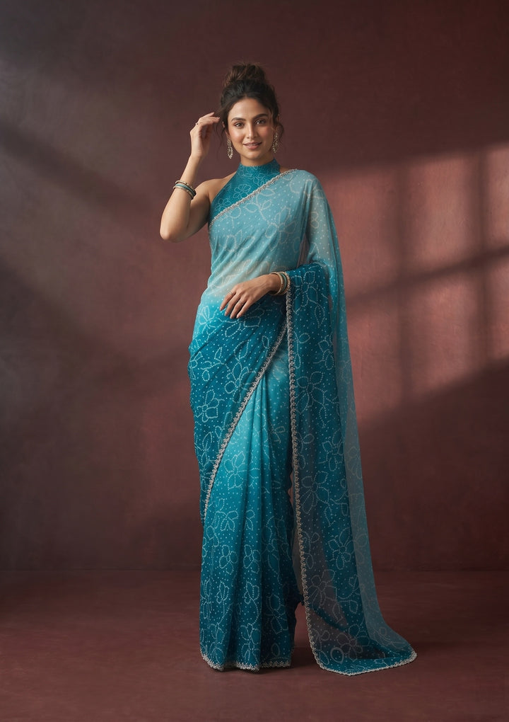 Peacock Blue Stonework (Silver) Chiffon Saree