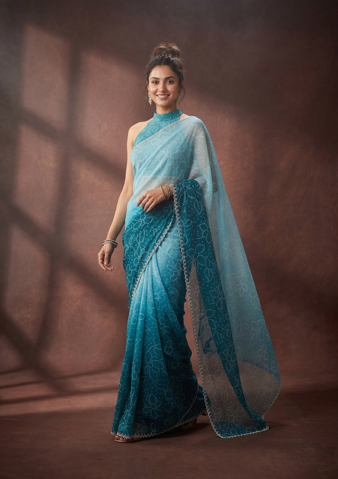 Peacock Blue Stonework (Silver) Chiffon Saree