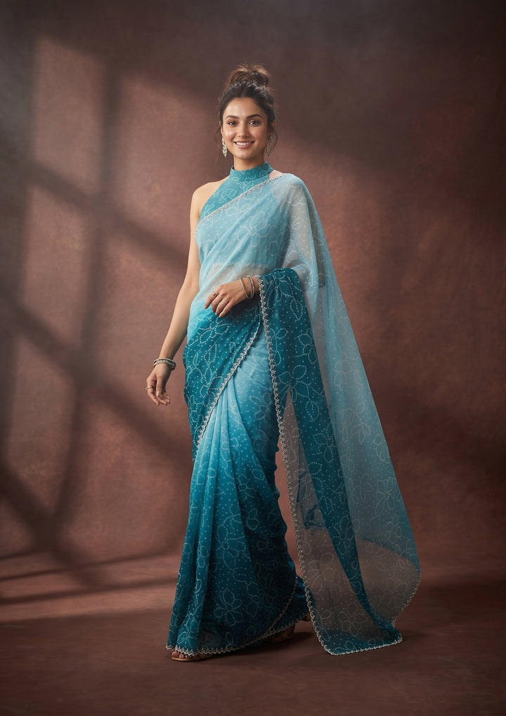 Peacock Blue Stonework (Silver) Chiffon Saree