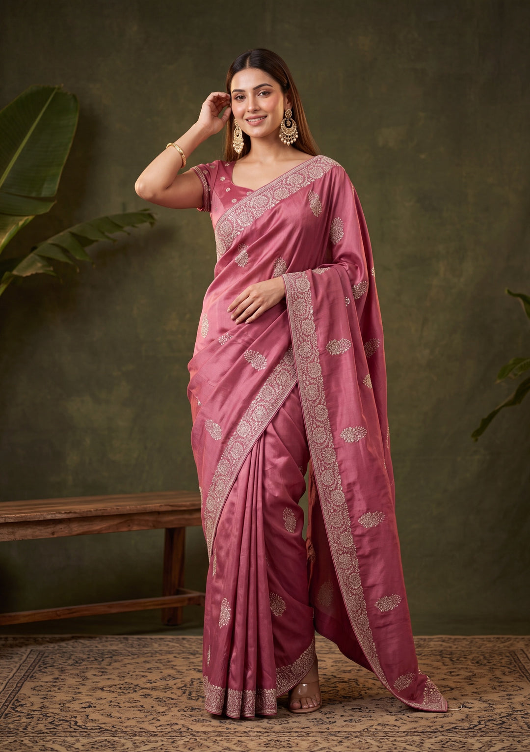 Onion Pink Zariwork (Gold) Crepe Saree With Matching Blouse Piece
