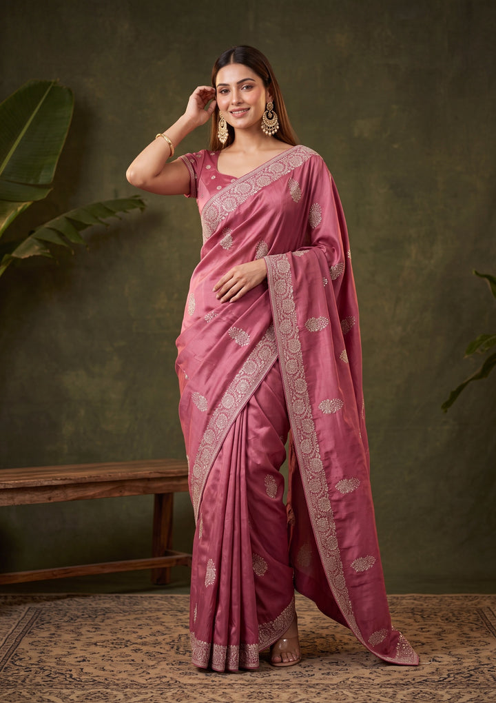 Onion Pink Zariwork (Gold) Crepe Saree With Matching Blouse Piece