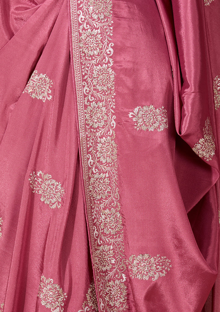 Onion Pink Zariwork (Gold) Crepe Saree With Matching Blouse Piece