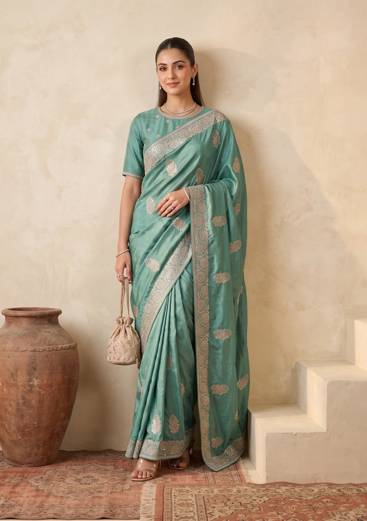 Sea Green Zariwork (Gold) Crepe Saree