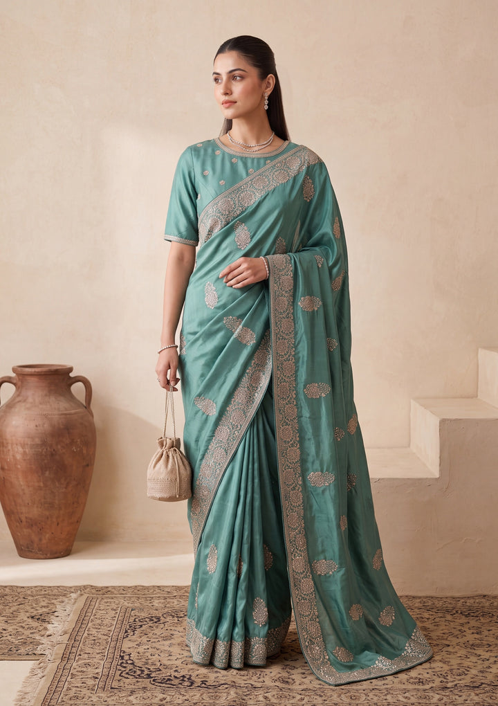 Sea Green Zariwork (Gold) Crepe Saree With Matching Blouse Piece
