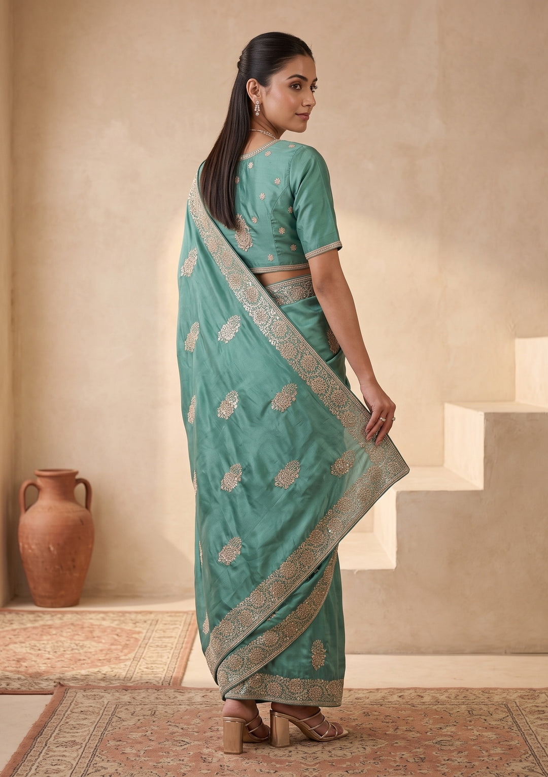 Sea Green Zariwork (Gold) Crepe Saree