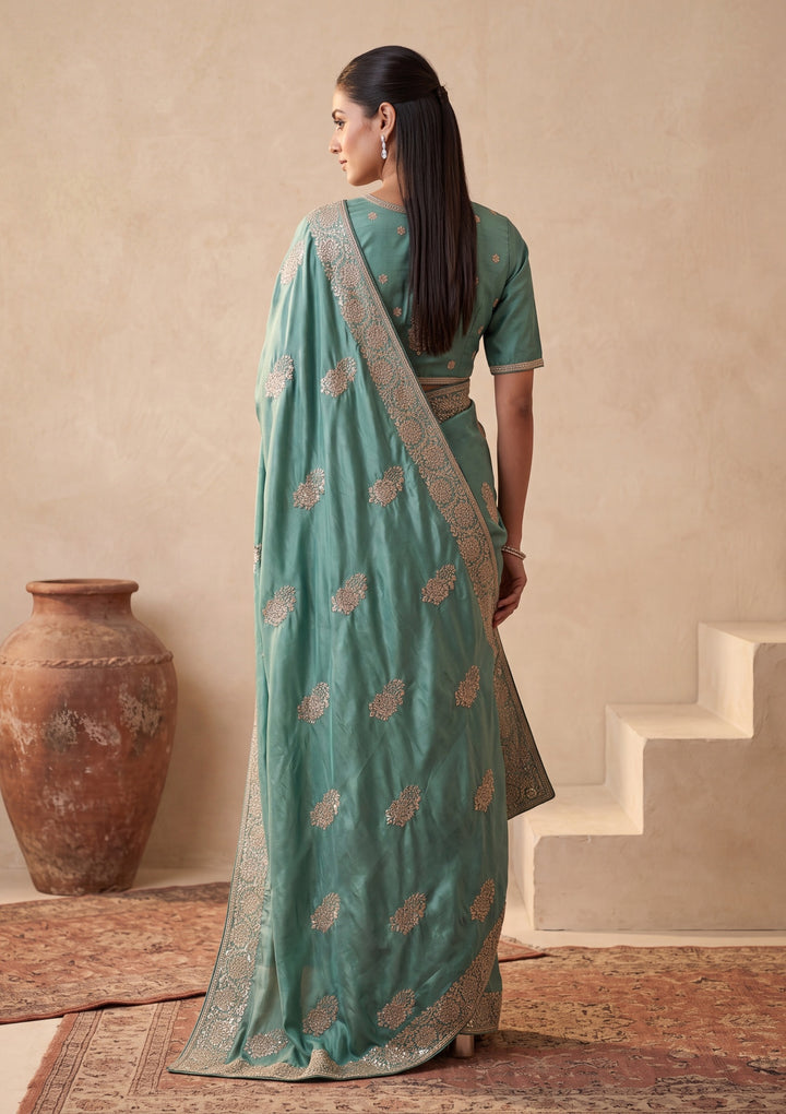 Sea Green Zariwork (Gold) Crepe Saree With Matching Blouse Piece