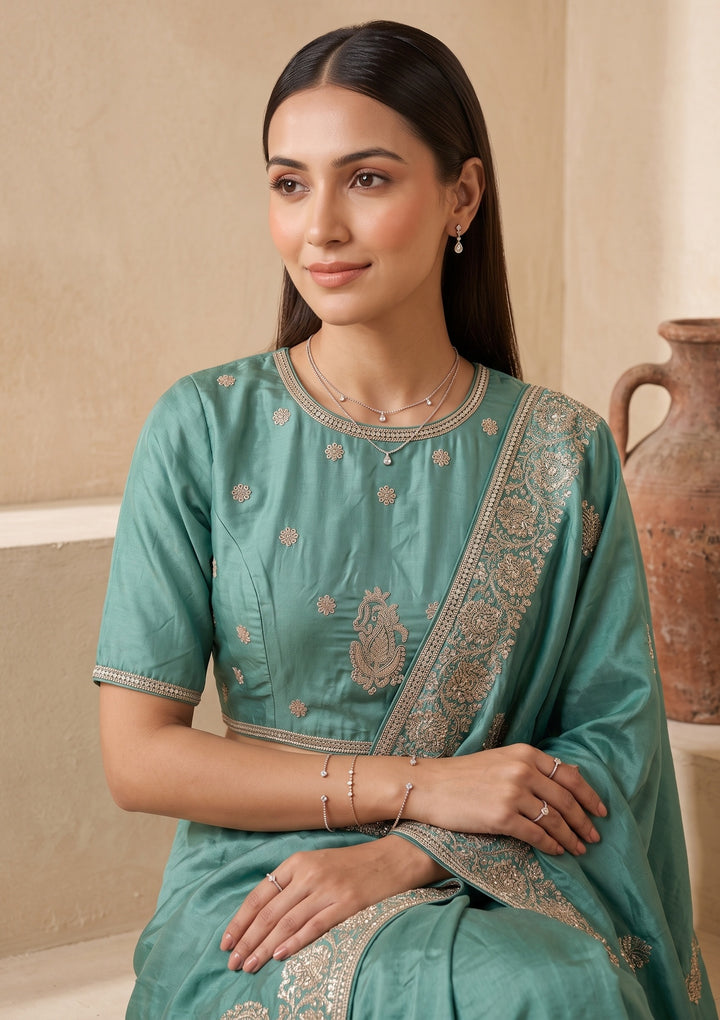 Sea Green Zariwork (Gold) Crepe Saree With Matching Blouse Piece