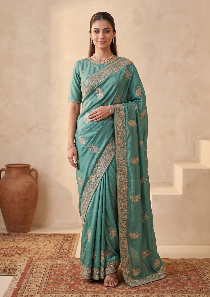 Sea Green Zariwork (Gold) Crepe Saree