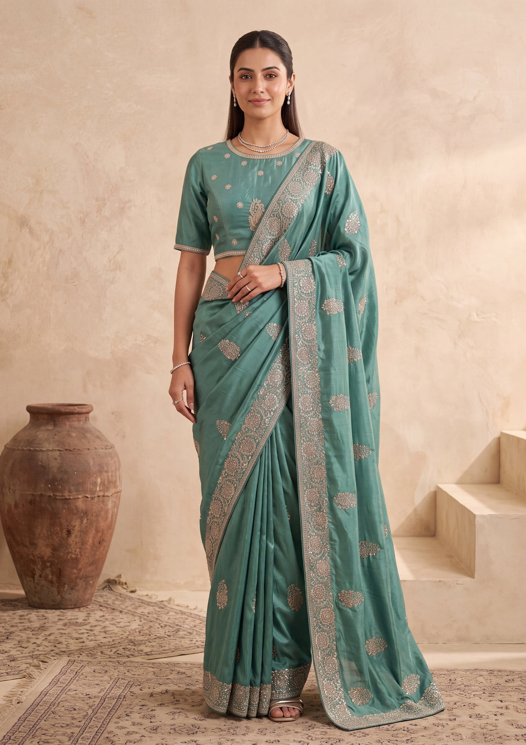 Sea Green Zariwork (Gold) Crepe Saree With Matching Blouse Piece