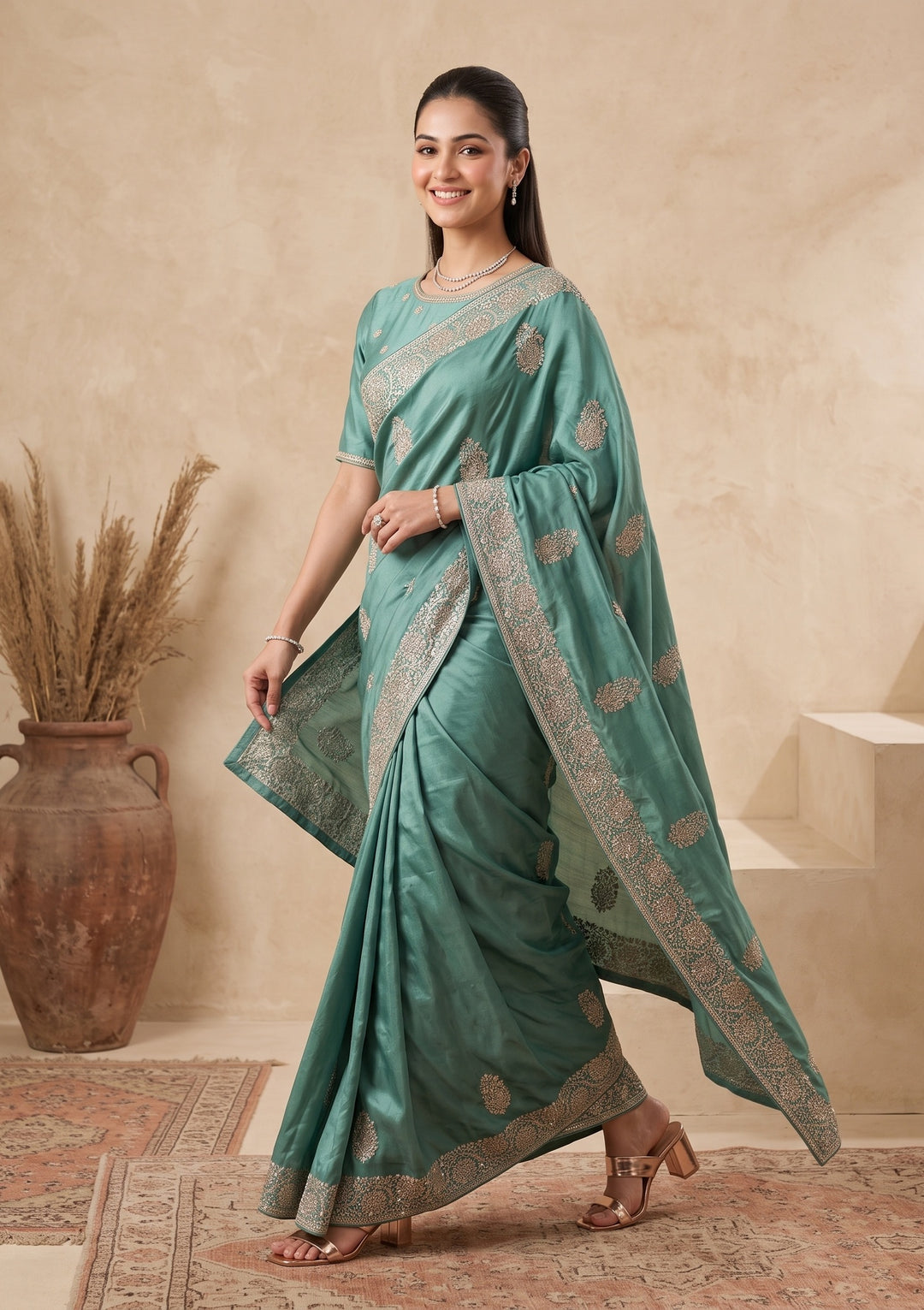Sea Green Zariwork (Gold) Crepe Saree
