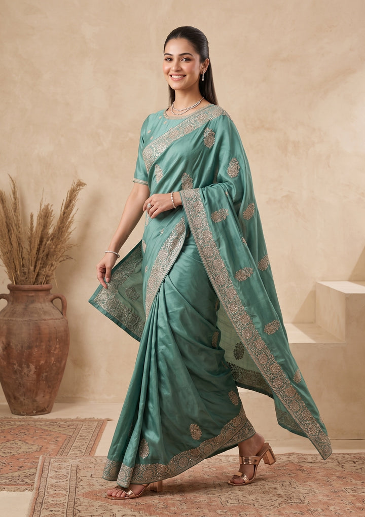 Sea Green Zariwork (Gold) Crepe Saree