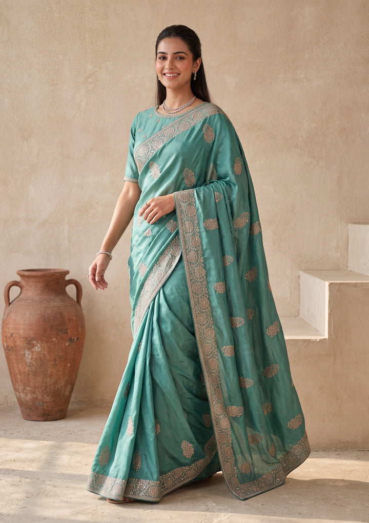 Sea Green Zariwork (Gold) Crepe Saree With Matching Blouse Piece