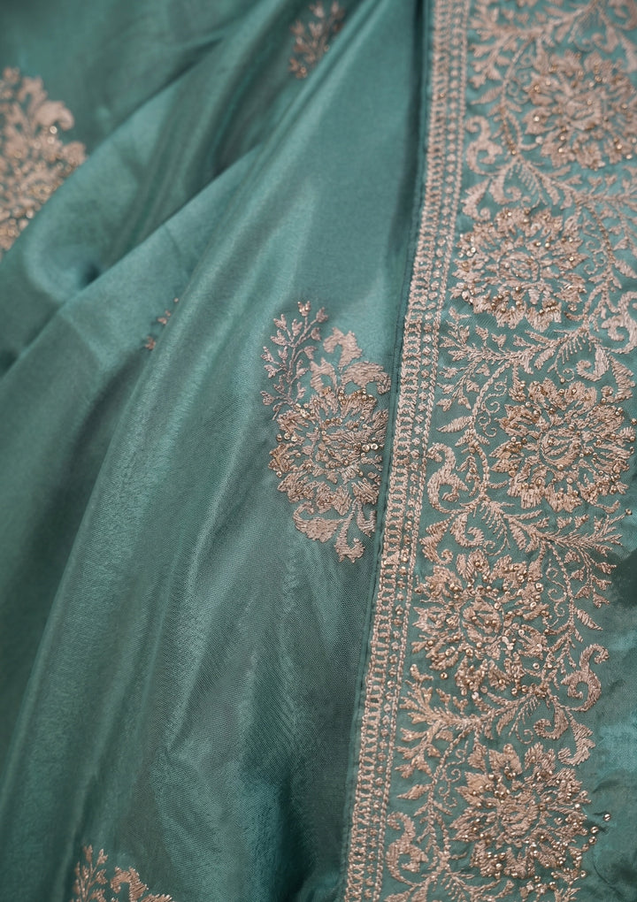 Sea Green Zariwork (Gold) Crepe Saree