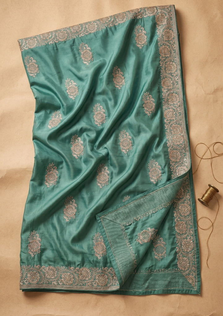 Sea Green Zariwork (Gold) Crepe Saree