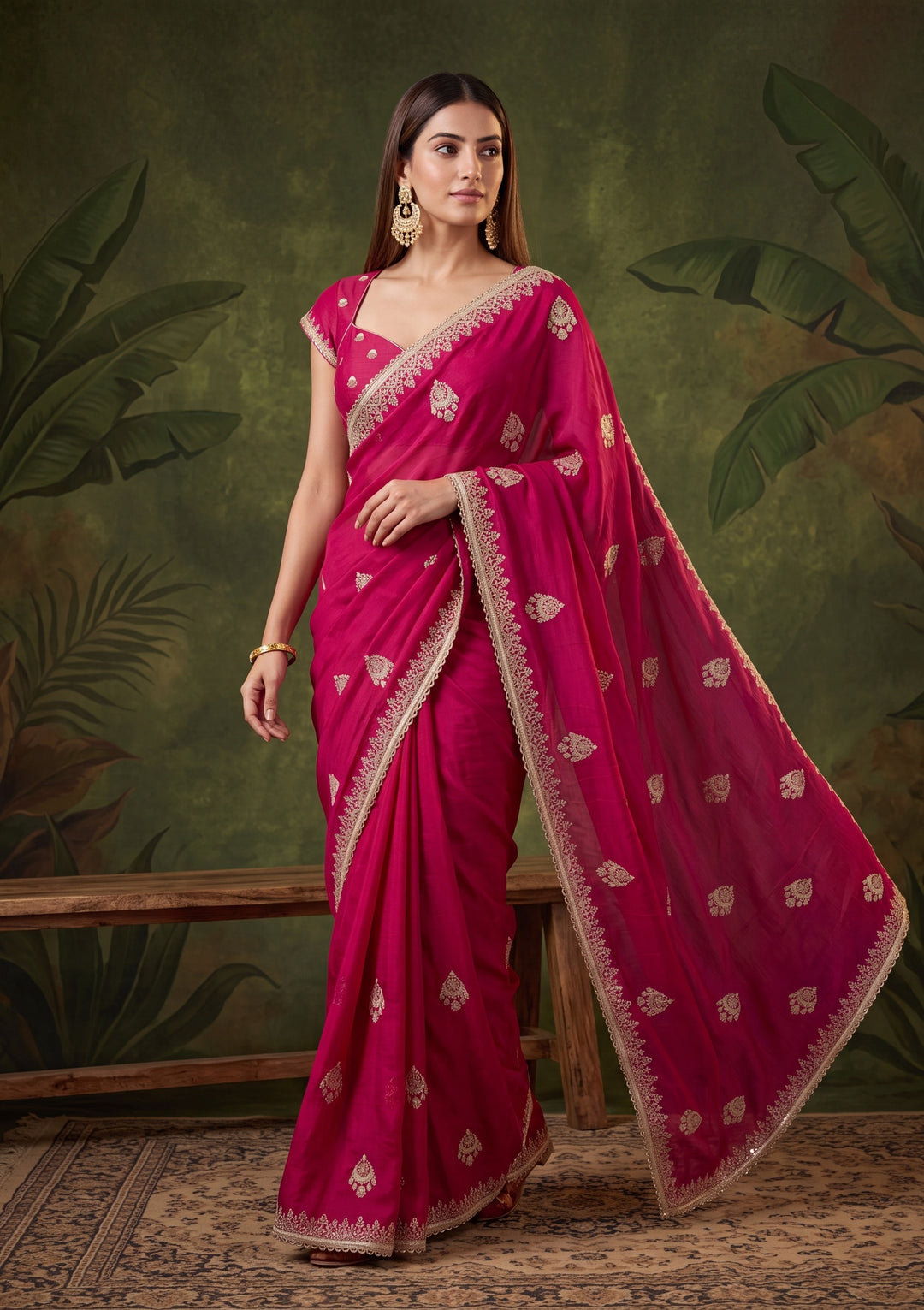 Rani Pink Zariwork (Gold) Satin Saree With Matching Blouse Piece