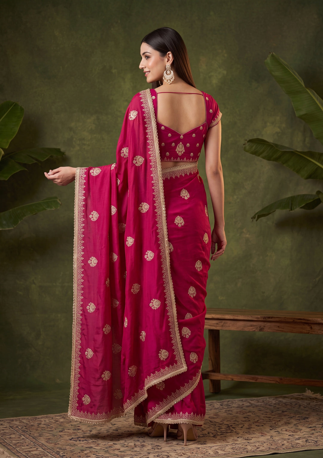Rani Pink Zariwork (Gold) Satin Saree With Matching Blouse Piece