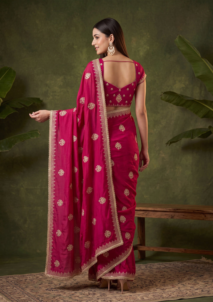 Rani Pink Zariwork (Gold) Satin Saree With Matching Blouse Piece
