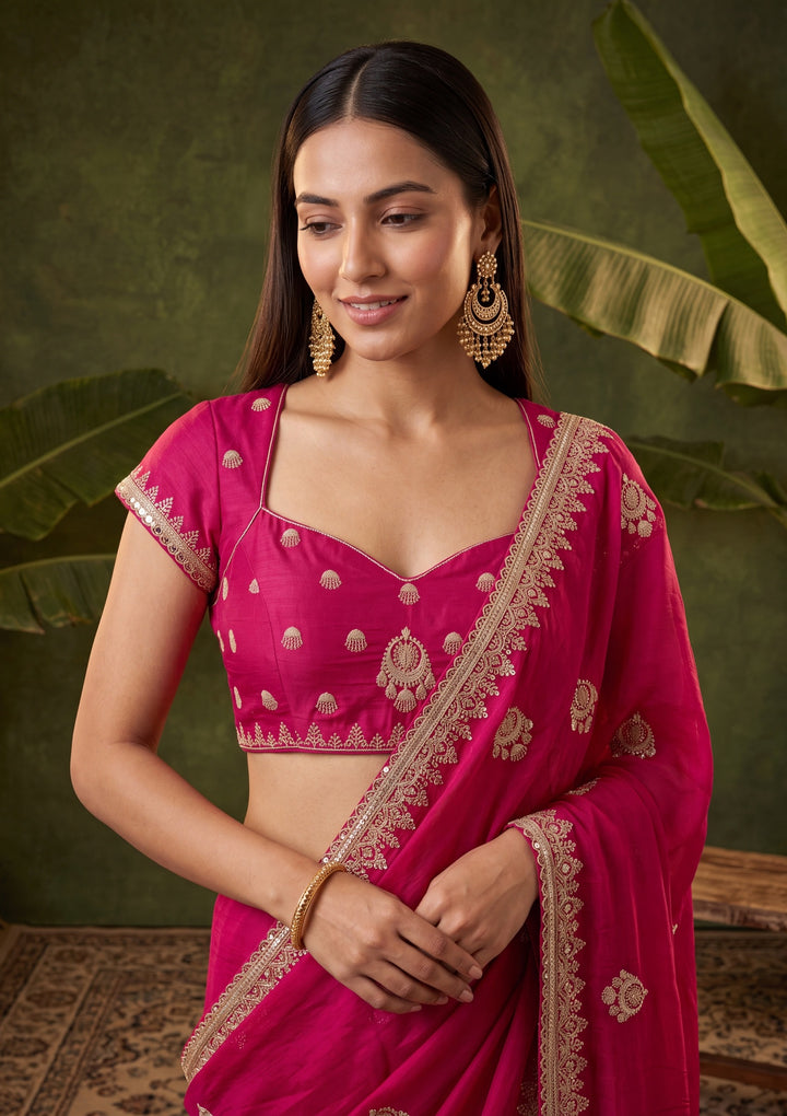 Rani Pink Zariwork (Gold) Satin Saree With Matching Blouse Piece