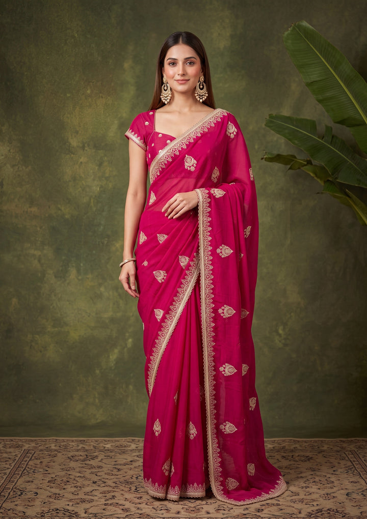 Rani Pink Zariwork (Gold) Satin Saree With Matching Blouse Piece
