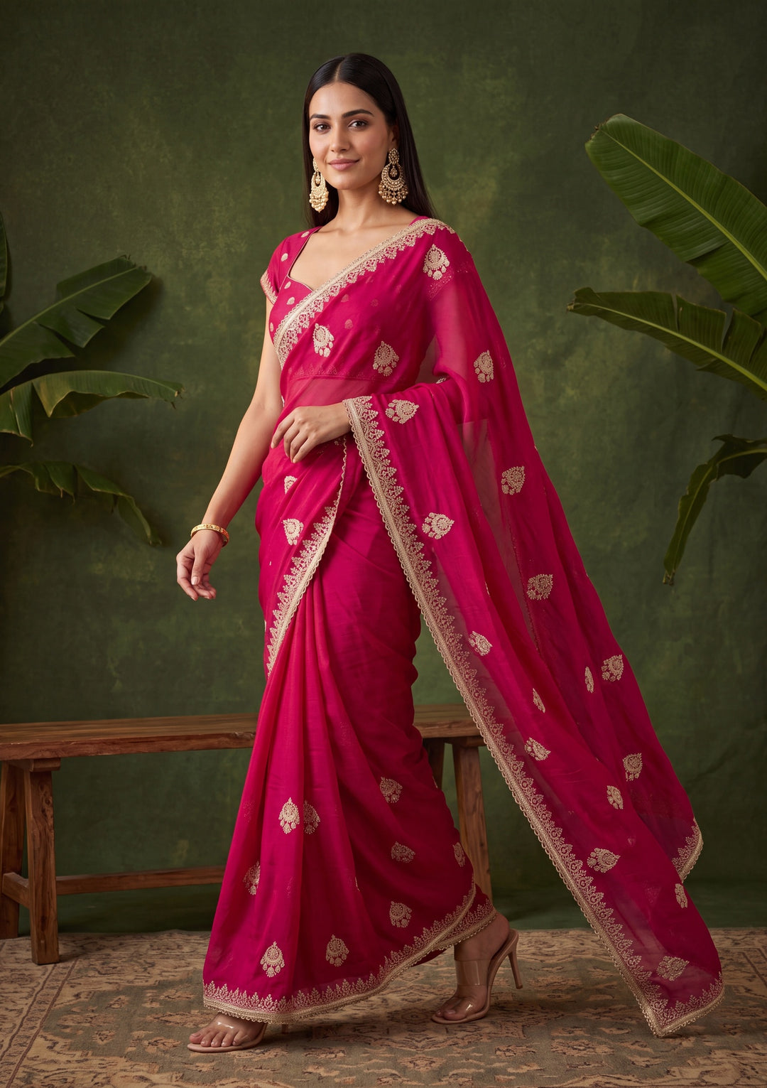 Rani Pink Zariwork (Gold) Satin Saree With Matching Blouse Piece