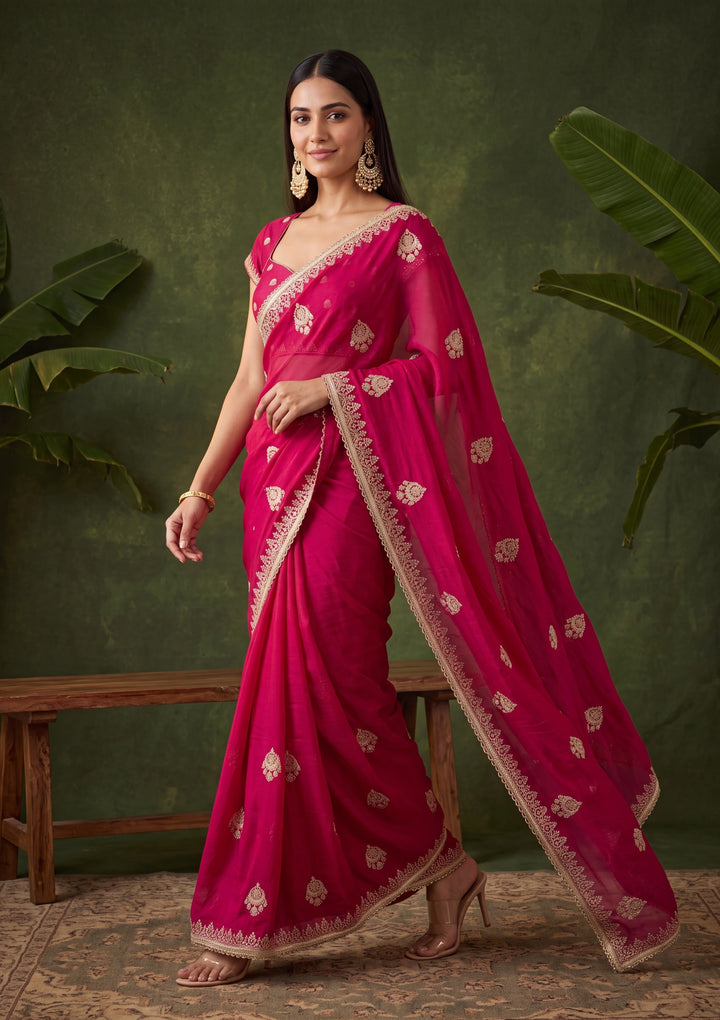 Rani Pink Zariwork (Gold) Satin Saree With Matching Blouse Piece