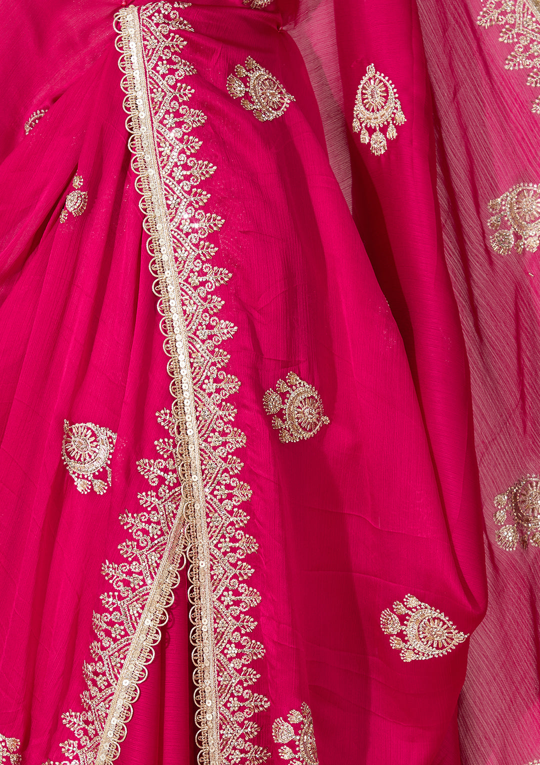 Rani Pink Zariwork (Gold) Satin Saree With Matching Blouse Piece
