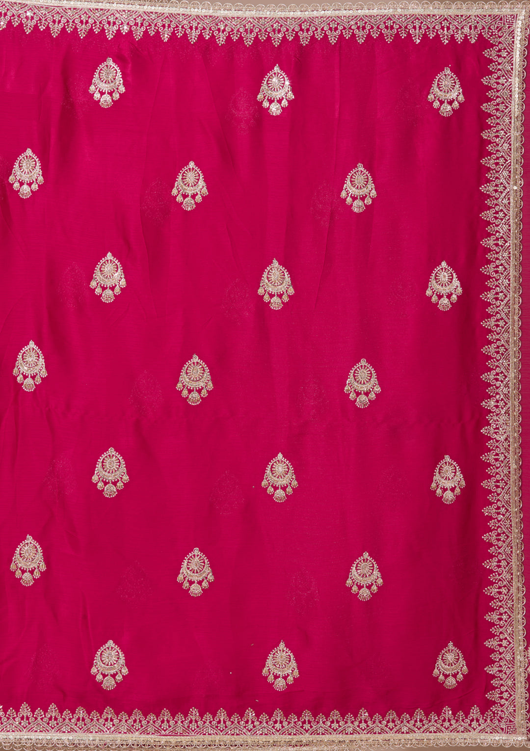Rani Pink Zariwork (Gold) Satin Saree With Matching Blouse Piece