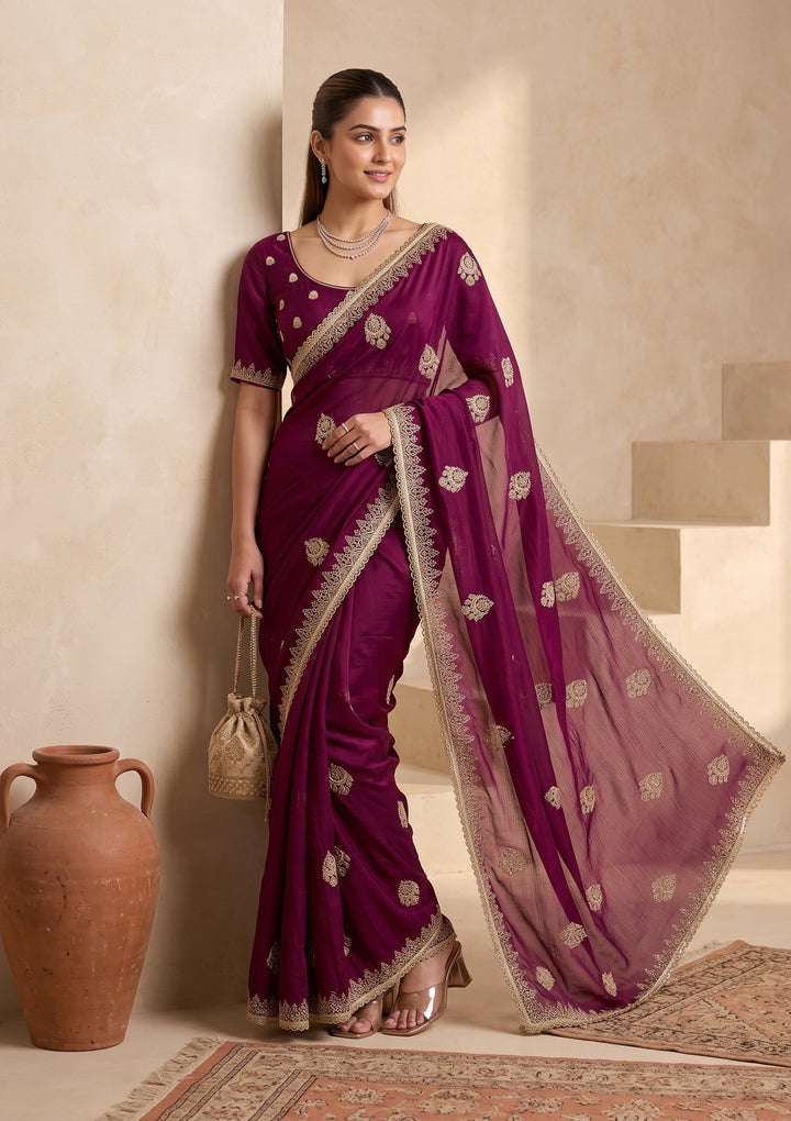 Wine Zariwork (Gold) Satin Saree