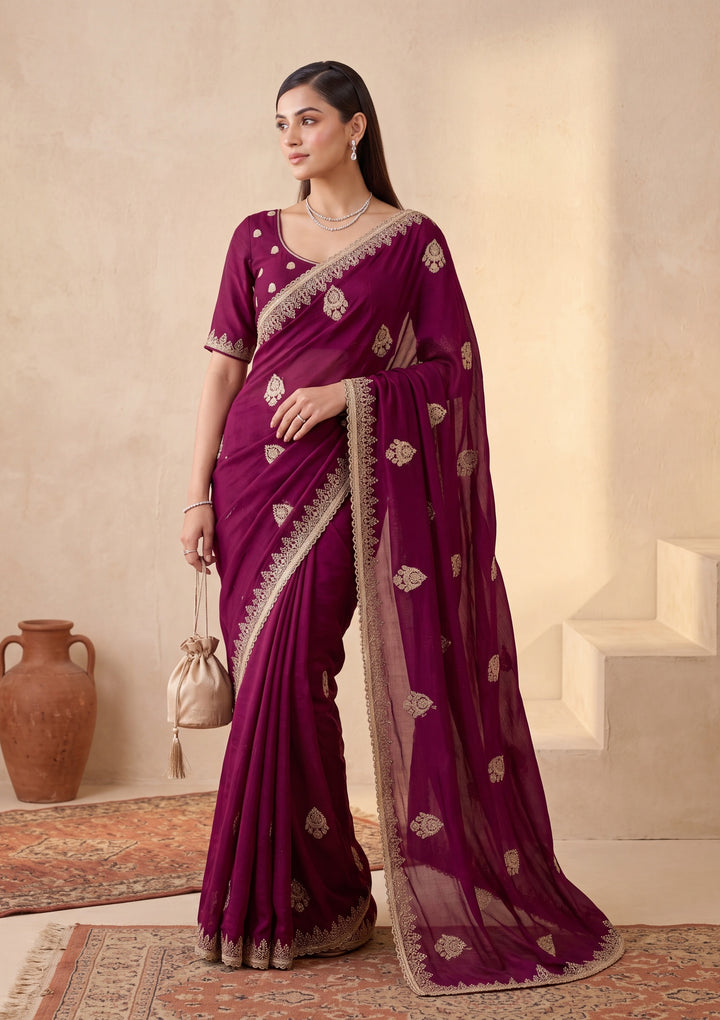 Wine Zariwork (Gold) Satin Saree With Matching Blouse Piece
