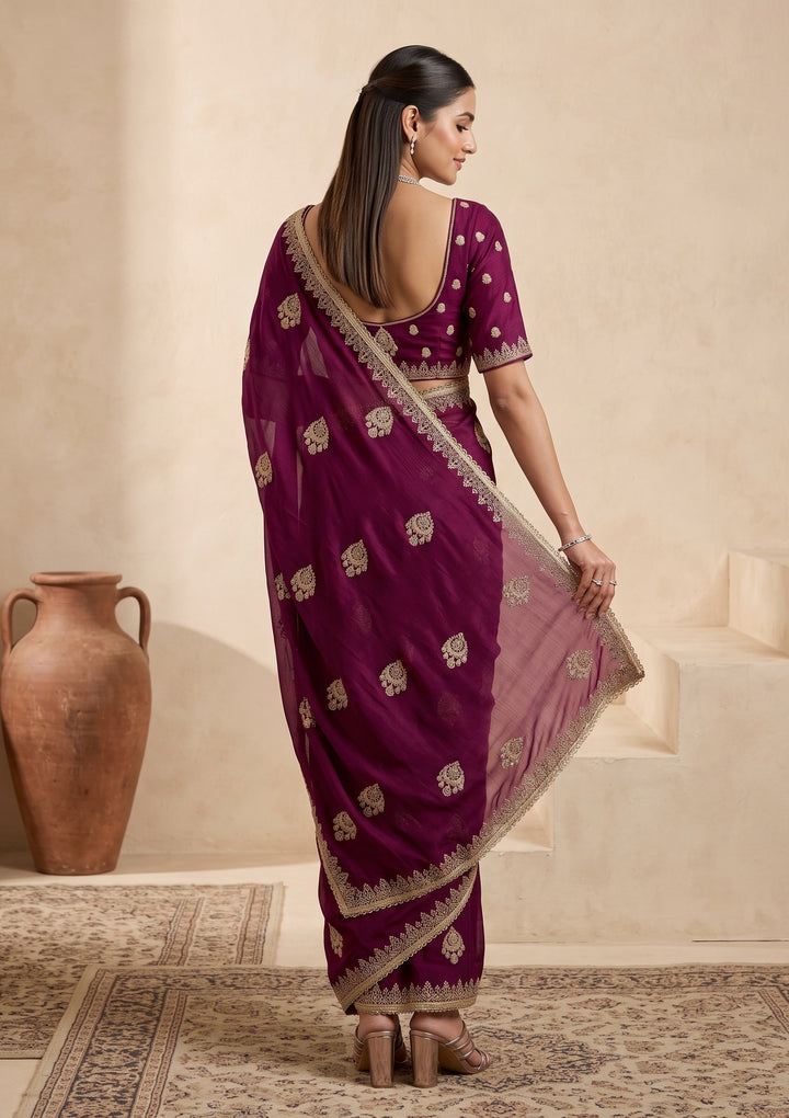 Wine Zariwork (Gold) Satin Saree