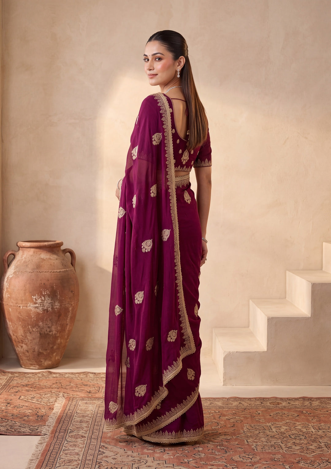 Wine Zariwork (Gold) Satin Saree With Matching Blouse Piece