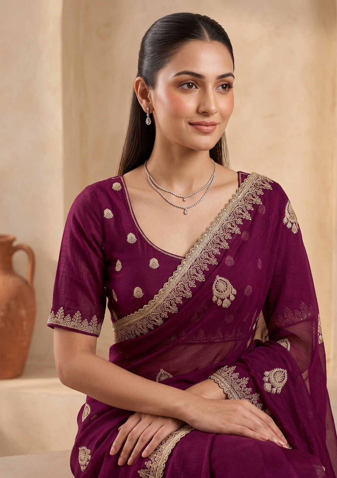 Wine Zariwork (Gold) Satin Saree With Matching Blouse Piece