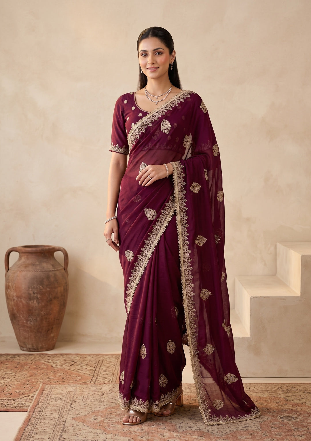 Wine Zariwork (Gold) Satin Saree