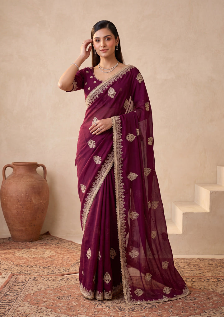 Wine Zariwork (Gold) Satin Saree With Matching Blouse Piece