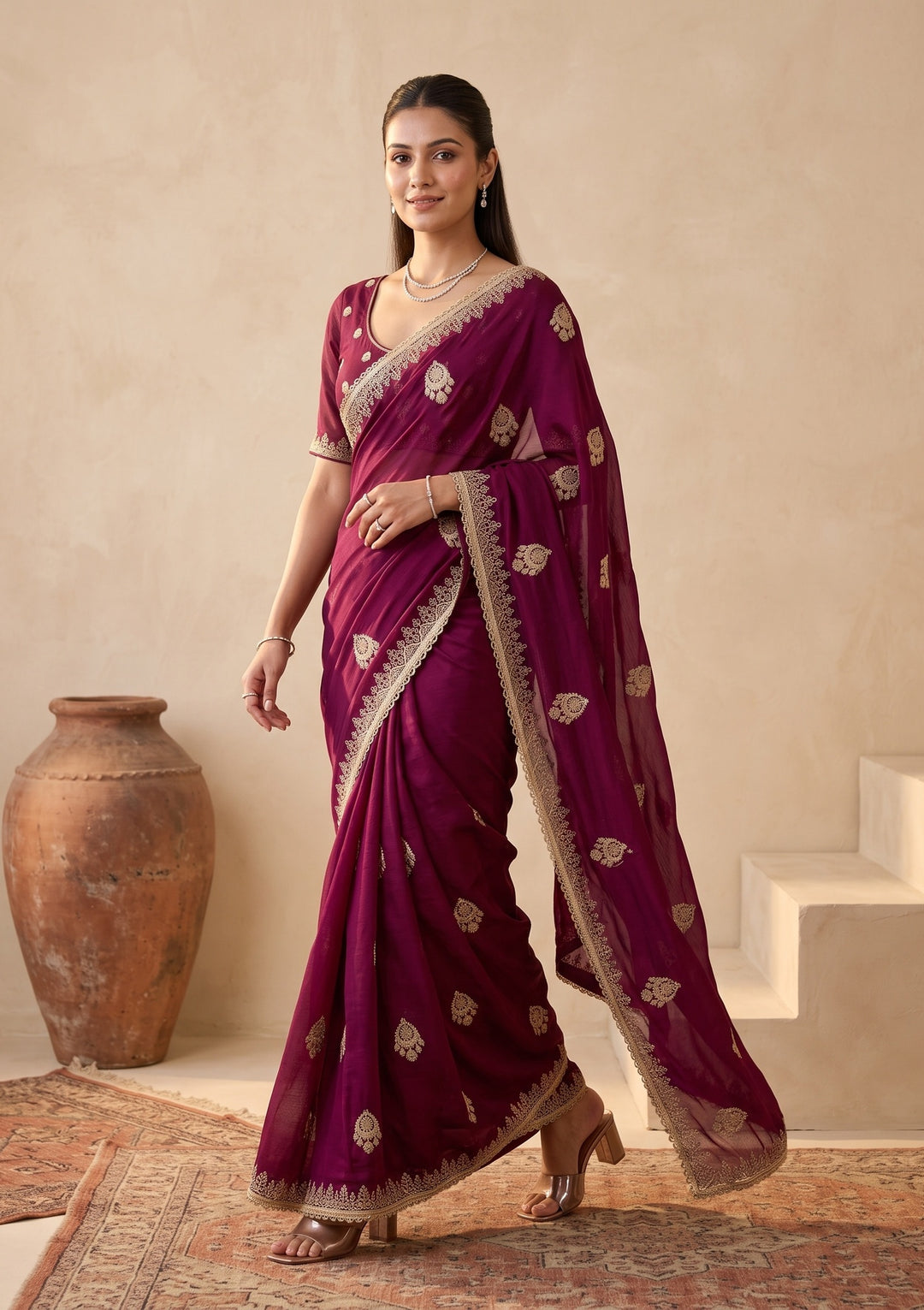 Wine Zariwork (Gold) Satin Saree