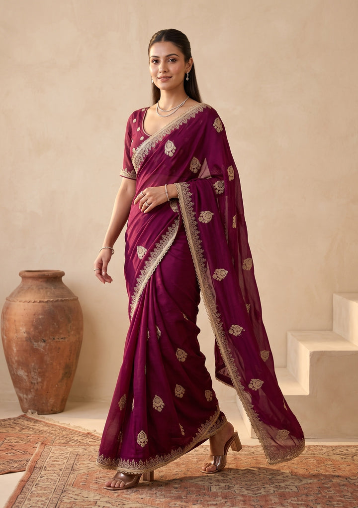 Wine Zariwork (Gold) Satin Saree