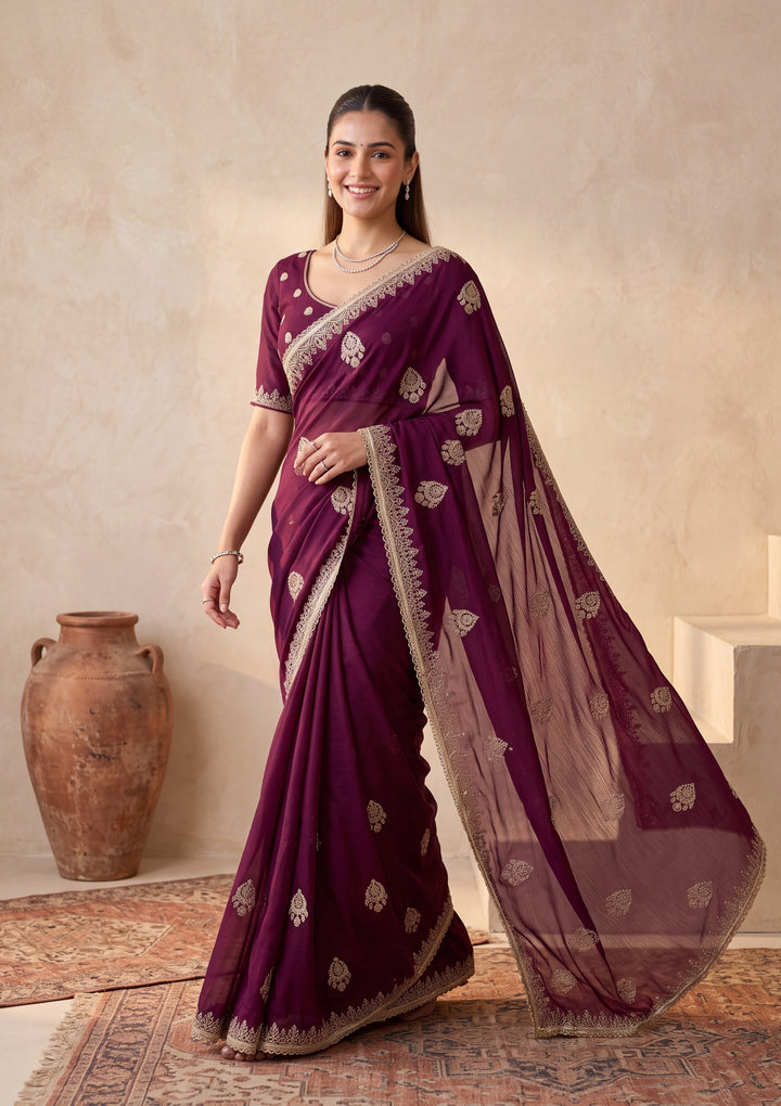 Wine Zariwork (Gold) Satin Saree With Matching Blouse Piece