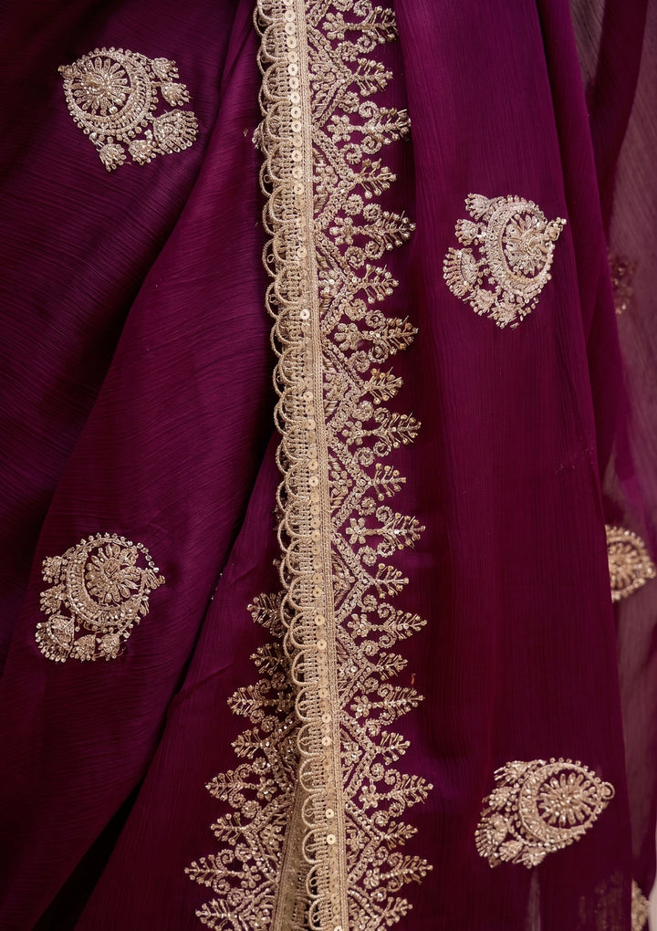 Wine Zariwork (Gold) Satin Saree