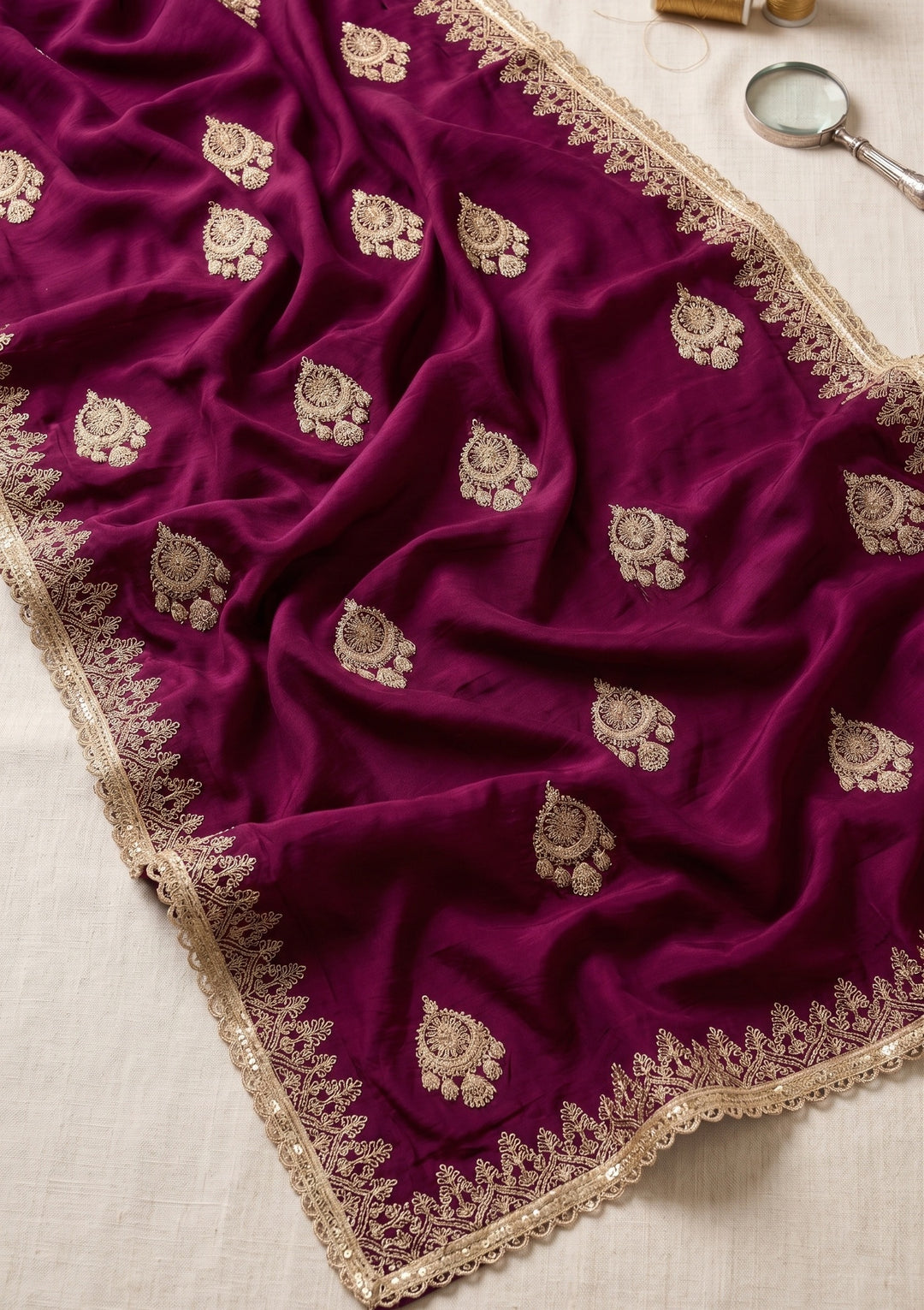 Wine Zariwork (Gold) Satin Saree