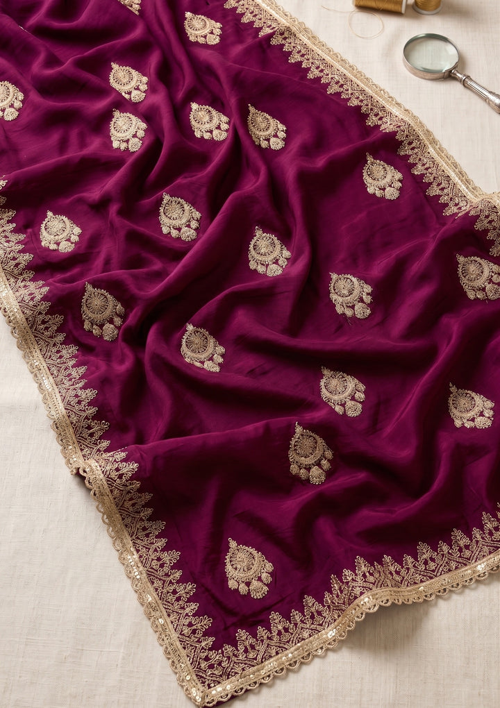 Wine Zariwork (Gold) Satin Saree