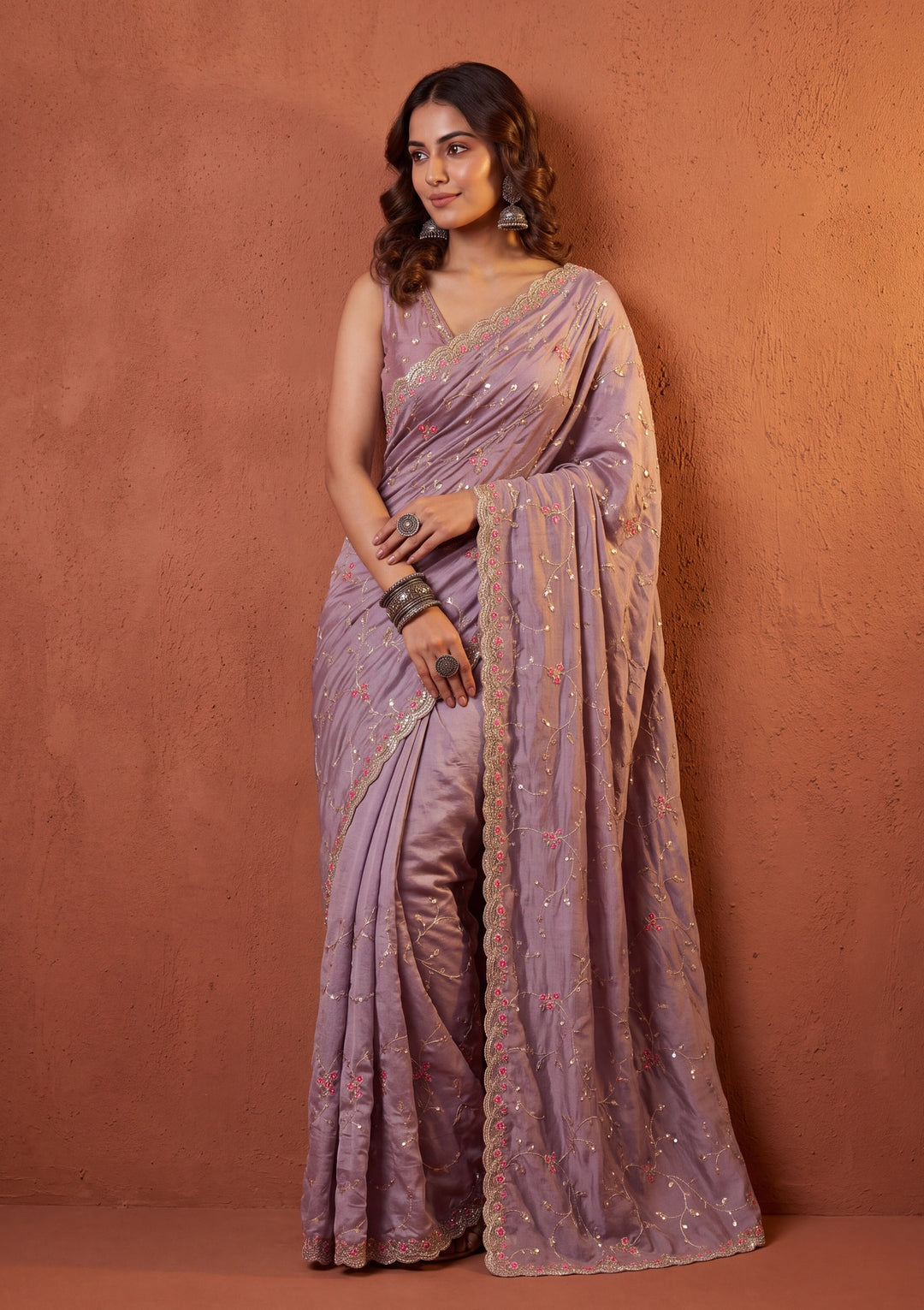 Lavender Soft Raw Silk Threadwork Saree With Matching Blouse Piece