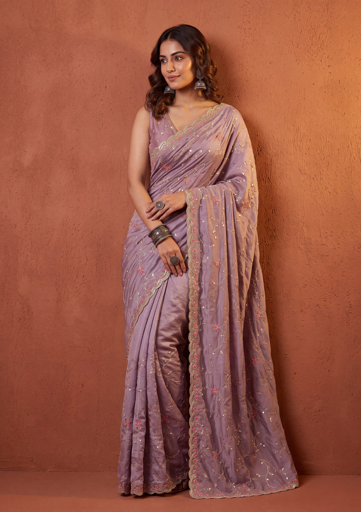 Lavender Soft Raw Silk Threadwork Saree With Matching Blouse Piece