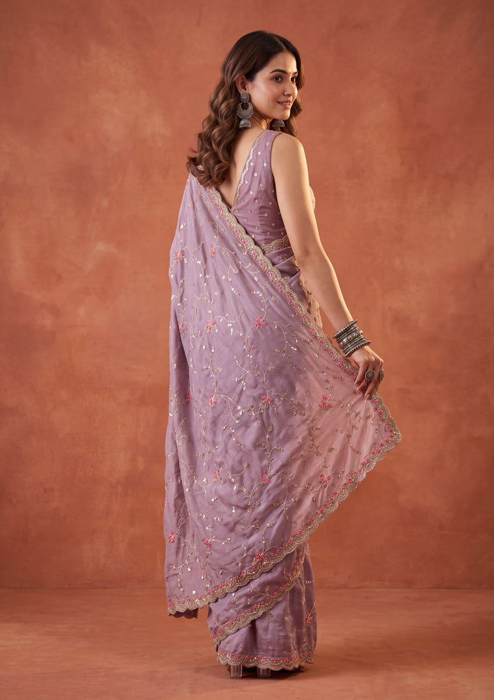 Lavender Soft Raw Silk Threadwork Saree With Matching Blouse Piece