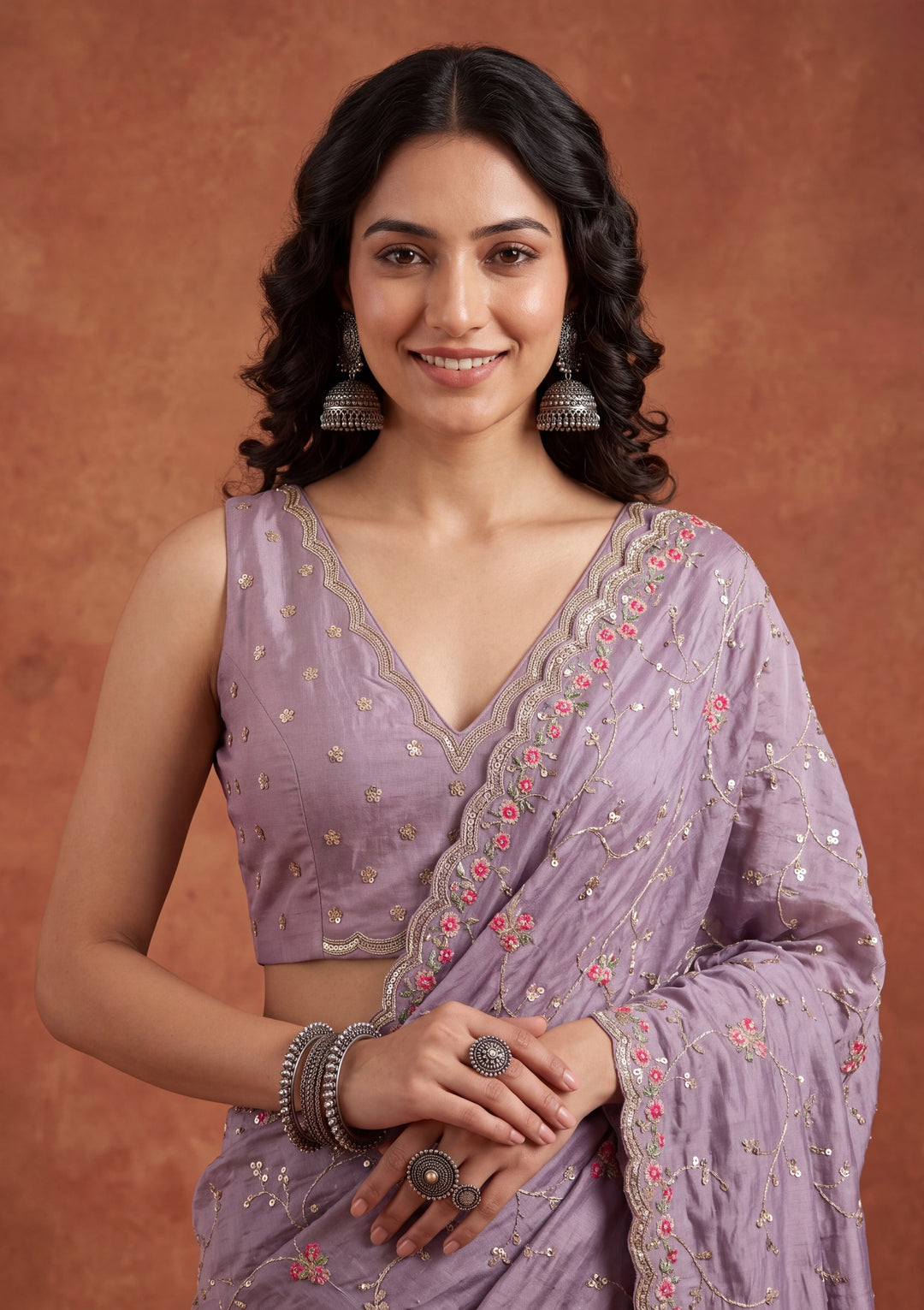 Lavender Soft Raw Silk Threadwork Saree With Matching Blouse Piece